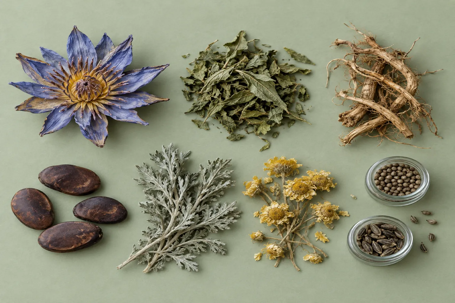 Getrocknete Pflanzenteile auf hellgrünem Papier: Seerosenblüte, Blätter, Wurzeln, Bohnen, Wermut, gelbe Blüten und Samen